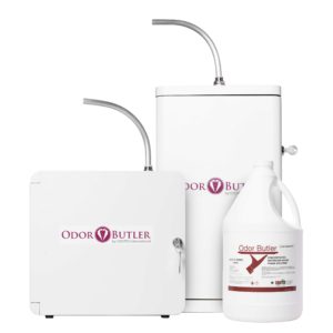 Lineup of Odor Butler products, with a vapor station, remote station and bottle of solution